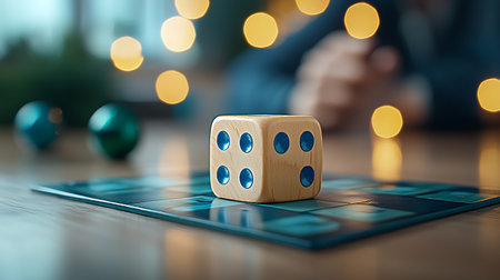 Close up of wooden dice on table with bokeh light background