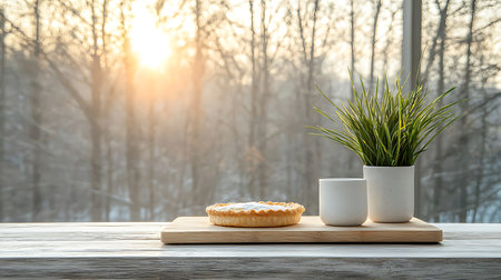 Coffee cup and cake on wooden table in front of windowの写真素材