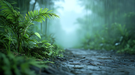 Rain in the forest. 3D render. Nature concept background.