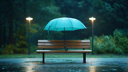 Rainy day in the park with bench and umbrella, rainy weather conceptの写真素材