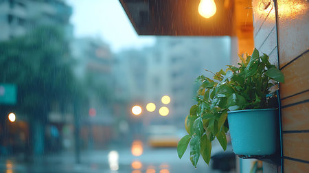 Flowers in a pot on the background of the street with raindrops.の写真素材