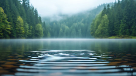Foggy morning on a mountain lake with reflection in the water.