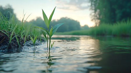 Corn growing on the edge of a lake in the early morning.の写真素材
