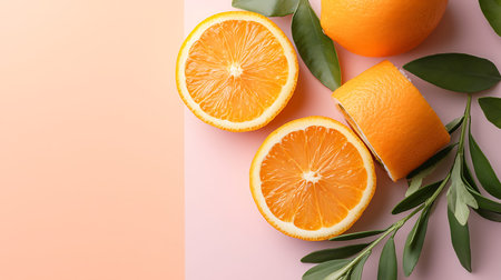 Fresh ripe oranges with leaves on color background, flat lay. Space for text