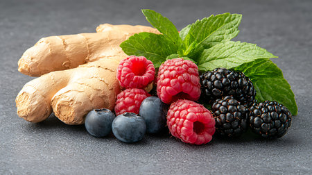 Healthy food ingredients: ginger, raspberry, blueberry, blackberry and mint on dark background