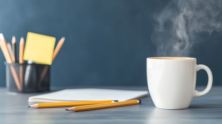 Coffee cup with blank notebook and pencils on wooden tableの写真素材