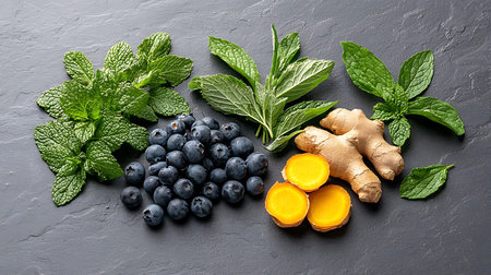 Fresh blueberries, mint, ginger and turmeric on black stone background