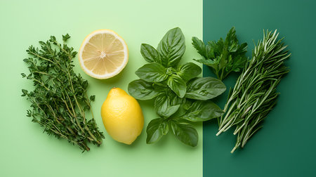 Fresh herbs and lemon on color background, top view. Food ingredientsの写真素材