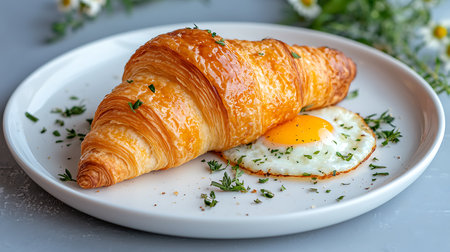Croissant with fried egg and herbs on a white plate.の写真素材