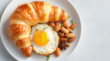 Breakfast with croissant and fried egg on a white plate