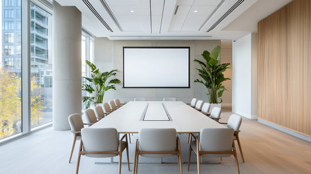 Interior of modern conference room with white walls, wooden floor, long conference table with white...