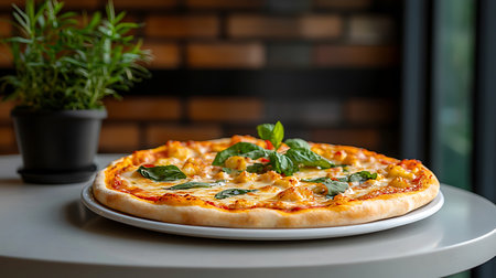 Pizza with mozzarella cheese and basil on a white plateの写真素材