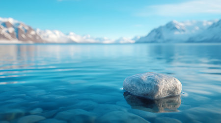 Frozen stone in the water with mountains in the background. 3d renderingの写真素材