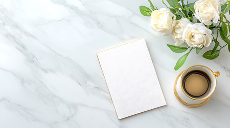 White roses, cup of coffee and blank card on white marble backgroundの写真素材