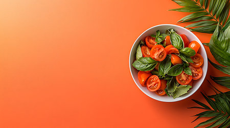 Tomato salad with basil leaves in bowl on orange background. Top view, flat layの写真素材