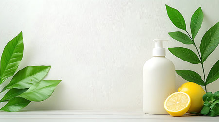 Lemon and cosmetic bottle on white background with green leaves. 3d illustration
