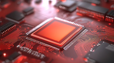 Close-up view of a modern GPU card circuit. 3D rendering