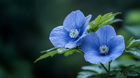 Beautiful blue flowers with drops of dew on a green background
