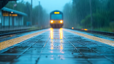 Train in the rain. Shallow depth of field. Blurred background