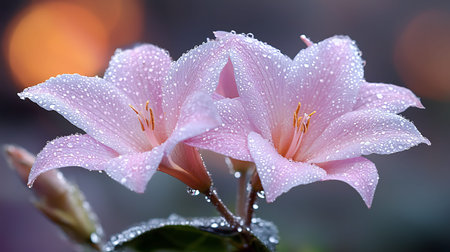 Beautiful pink flower with raindrops on bokeh background.