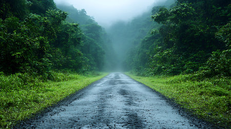 Road in the rain forest with fog in the morning, Thailand.