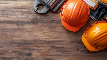 Hard hat and construction tools on wooden background. Top view with copy space