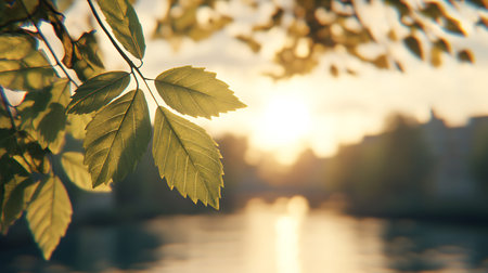 Green leaves on the background of the sun and the river at sunset