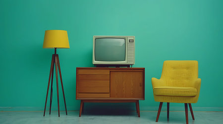 Retro TV on a wooden table with yellow armchair and lamp