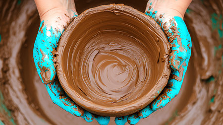 Hands of a potter holding a clay bowl