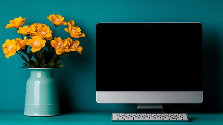 Desktop computer with yellow flowers in vase on blue wall background.