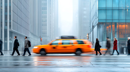 Busy city street with people and yellow taxi cab, motion blur