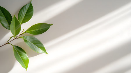 Ficus leaves on white background with shadow. Flat lay, top view.