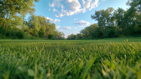Green grass in the field with blue sky and white clouds in the background