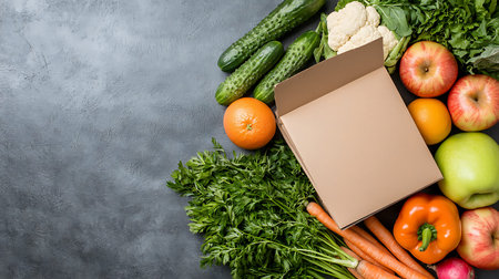 Grocery box with fresh vegetables and fruits on grey background. Top view with copy space