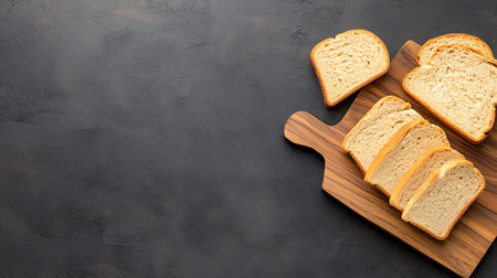 Slices of bread on a cutting board on a black background.