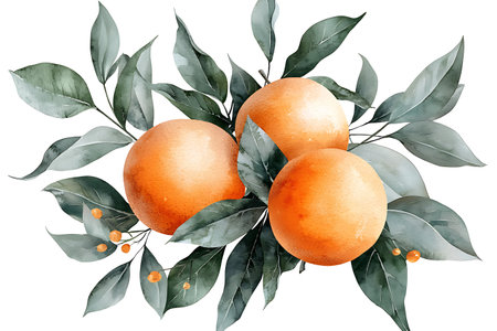 Watercolor oranges on a branch with leaves. Hand drawn illustration.の写真素材