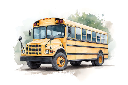 School bus isolated on white background. Watercolor painting. Vector illustration.
