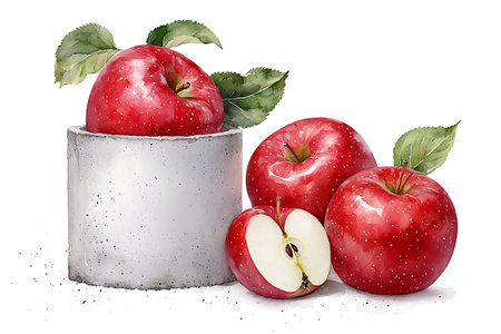 Ripe red apples with leaves in a metal vase on a white backgroundの写真素材