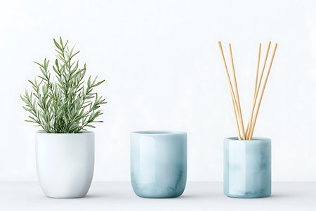 Three blue ceramic vases with rosemary and bamboo sticks on a white background
