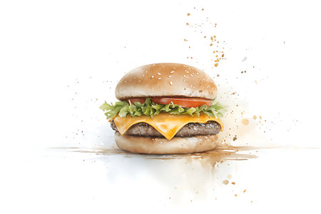 Burger with splash isolated on white background. Fast food concept.の写真素材