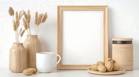 Mockup blank frame, coffee cup, dried flowers in vase and wooden barrel. 3d rendering