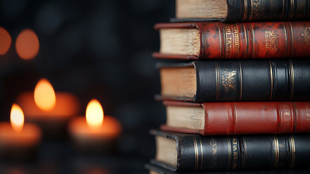 Pile of old books with candles on dark background, closeupの写真素材
