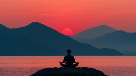 Silhouette of man meditating in lotus pose at sunset.の写真素材