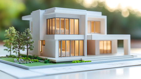 Model of a private house on a white table. 3d renderingの写真素材