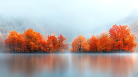 Autumn forest on the lake in foggy morning. 3d renderの写真素材