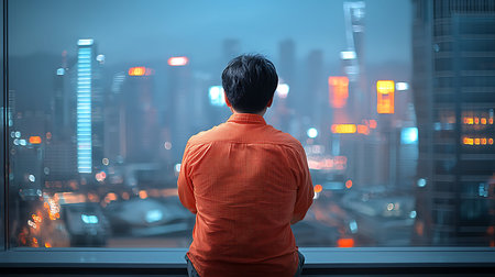 Back view of young Asian businessman looking out the window with cityscape background.