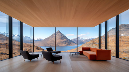 Interior of modern living room with panoramic view of mountain landscapeの写真素材