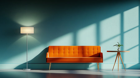 Interior of living room with orange sofa and floor lamp. 3D Renderingの写真素材