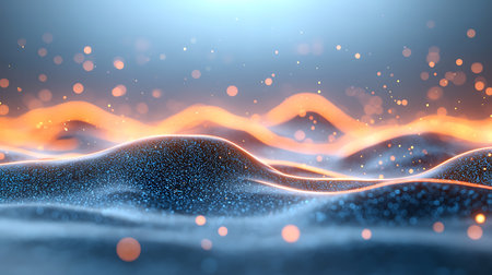 Abstract 3d rendering of wavy surface with particles. Futuristic background with depth of field.
