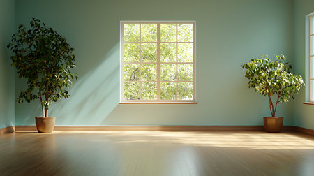 Empty room with window and plant - 3D Rendered image.